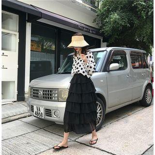 Dot Long-sleeve Loose-fit Shirt / Plain Skirt