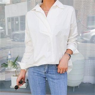 Open-placket Pintuck Boxy Shirt