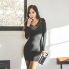 V-neck Metallic-beaded Bodycon Dress