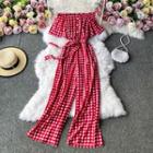 Plaid Off-shoulder Wide-leg Jumpsuit