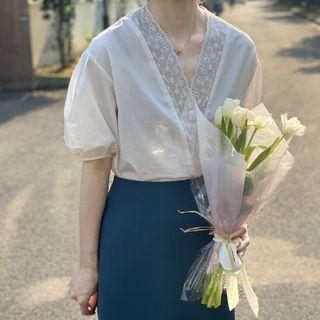 Short-sleeve Lace Panel Wrap Blouse