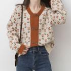 Contrast Color Floral Knit Cardigan As Shown In Figure - One Size