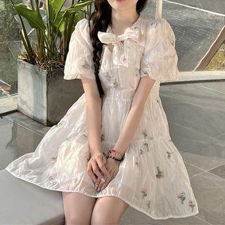 Puff-sleeve Embroidered Tie-neck Dress