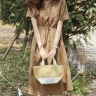 Open-placket Rollup-sleeve Long Dress