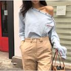 Long-sleeve Off-shoulder Denim Overhead Shirt Light Blue - One Size