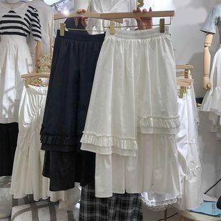 High-waist Ruffle Trim Asymmetrical Maxi Skirt