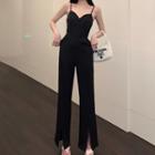 Plain Slit Jumpsuit Black - One Size