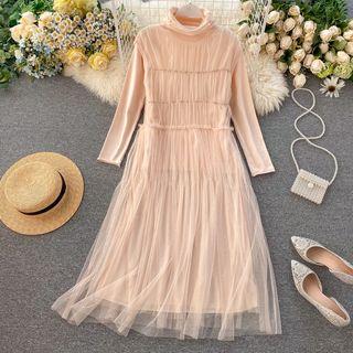 Set: Turtleneck Long-sleeve Top + Sleeveless Maxi Mesh Dress