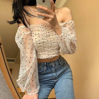 Dotted Off-shoulder Puff-sleeve Mesh Top