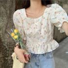 Short-sleeve Square Neck Floral Flowy Blouse White - One Size