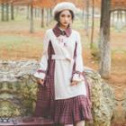 Embroidered Long-sleeve Plaid Panel A-line Dress