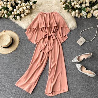 Strapless Ruffle Trim Plain Jumpsuit