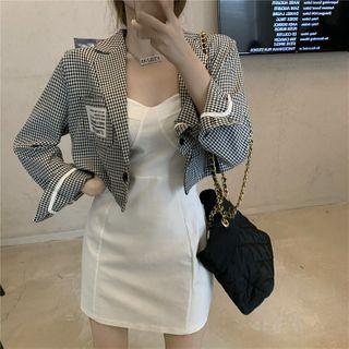 Plaid Blazer / Spaghetti Strap Mini Sheath Dress