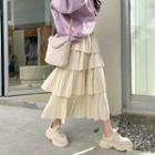 Pleated Faux-suede Long Tiered Skirt
