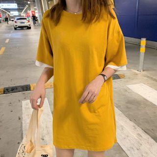 Mock Two-piece Oversize Elbow-sleeve T-shirt