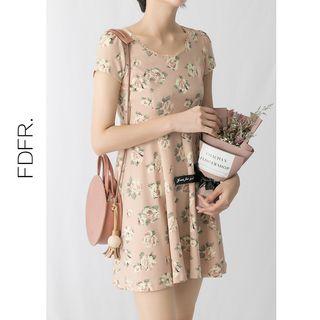 Lace-up Back Flower Print Short-sleeve A-line Dress