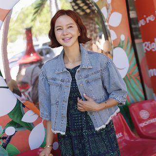 Puff-sleeve Fringe-hem Denim Jacket