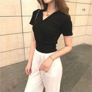 Short-sleeve Crisscross Plain Top / High-waist Plain Pants