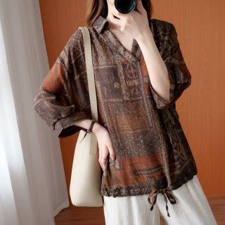 Balloon-sleeve Patterned Blouse As Shown In Figure - One Size