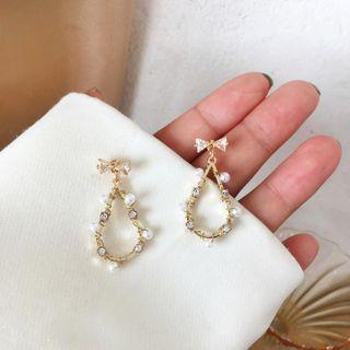 Faux Pearl Rhinestone Ribbon Drop Earring / Clip-on Earring
