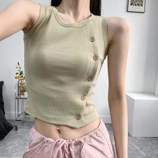 Short Sleeve Plain Button-up Crop Tank Top