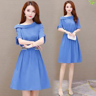 Boatneck Short-sleeve Mini A-line Dress