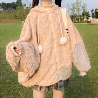 Pom Pom Hooded Zip-up Fleece Jacket Khaki - One Size