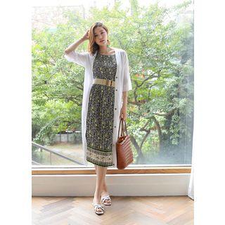 Cap-sleeve Accordion-pleat Long Paisley Dress