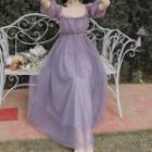 Puff-sleeve Square-neck Mesh Maxi A-line Dress