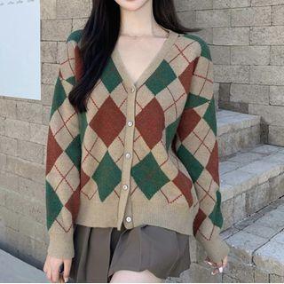 Argyle Cardigan Khaki & Brown & Green - One Size