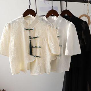 Short-sleeve Tasseled Frog Buttoned Top