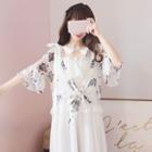 Floral Patterned Elbow Sleeve Chiffon Jacket