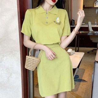 Set: Short-sleeve Polo Knit Top + Mini A-line Skirt Avocado Green - One Size
