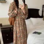 Long Sleeve Square Neck Lace-up Floral Dress Floral - One Size