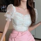 Puff-sleeve Sweetheart Neckline Cropped Blouse