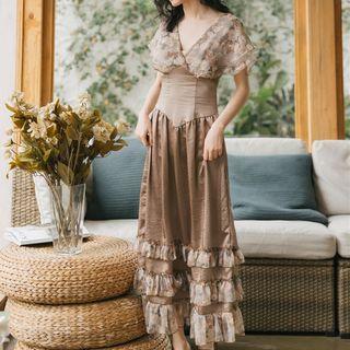 Short-sleeve Floral Chiffon Paneled Maxi Dress