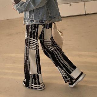 High Waist Drawstring Plaid Knit Wide Leg Pants