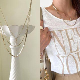 Fresh Water Pearl Trim Chian Layered Necklace Gold - One Size