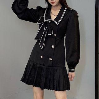 Double Breast Bow Accent Pleated A-line Dress