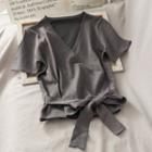 Ribbon-hem Wrapped V-neck Top