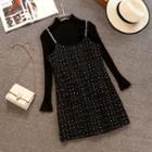 Set: Plain Long-sleeve Knit Top + Dotted Mini Pinafore Dress