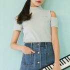 Short-sleeve Cold-shoulder Mock Neck T-shirt
