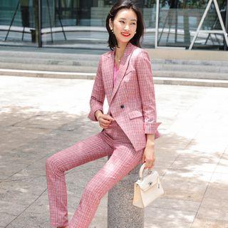 Plaid Double-breasted Blazer / Long-sleeve Blouse / Dress Pants / Set