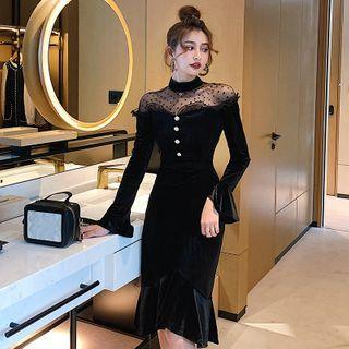 Flared-sleeve Dotted Panel A-line Dress