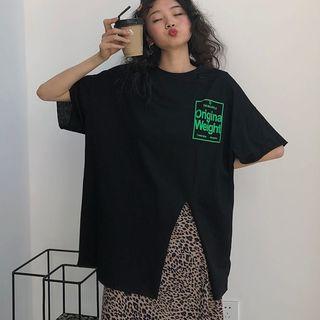 Lettering Elbow-sleeve Slit T-shirt