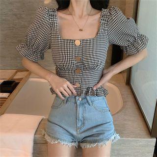 Plaid Square-neck Short-sleeve Cropped Blouse