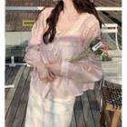 Long-sleeve Square-neck Lace Trim Blouse Pink - One Size