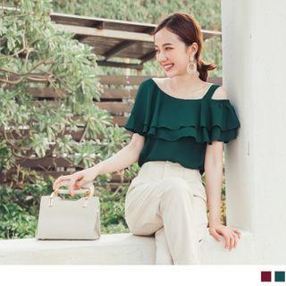 Asymmetric Cold Shoulder Ruffle Trim Lace Top