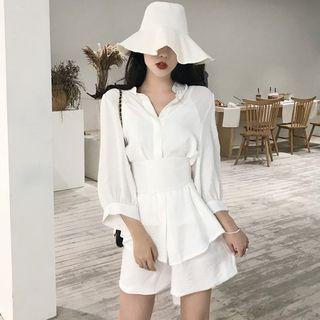 3 / 4-sleeve Plain Shirt With Sash / Plain Wide-leg Shorts