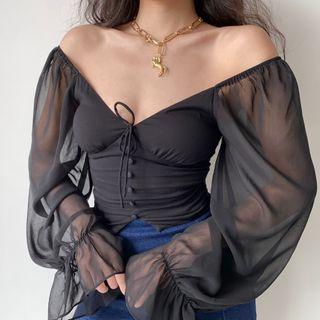 V-neck Panel Lantern-sleeve Chiffon Top